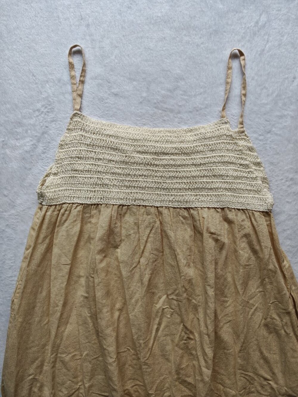 ZARA Beige Cotton Linen Midi Dress Size L Smocked Bodice Pockets Coastal Boho - Picture 4 of 13